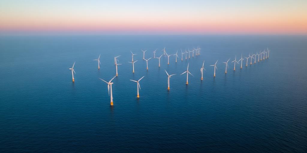 Aerial view of an offshore wind farm at dawn